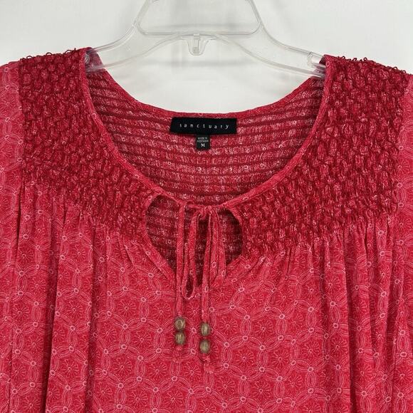 Sanctuary Boho Smocked Top Red Tie Neck Western Short Dolman Sleeves Size M - Picture 2 of 9